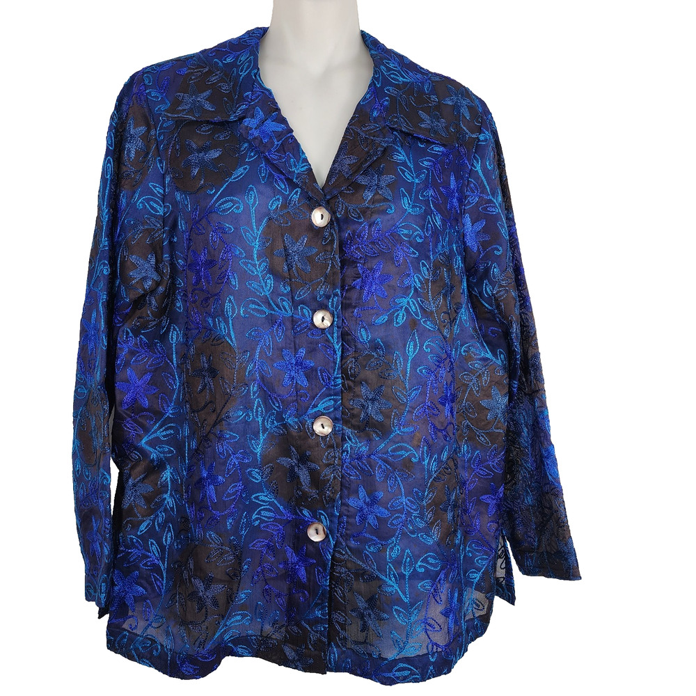 Draper's & Damon's Women Silk Shirt Jacket Floral Embroidered Button Sheer M
